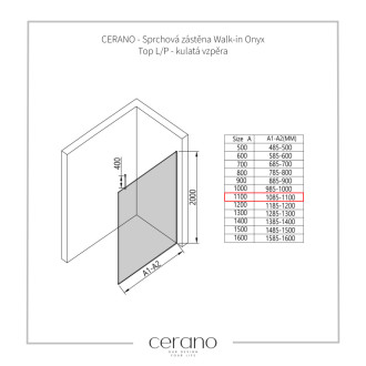 CERANO Sprchová zástěna Walk-in Onyx Top L/P 8mm bílá matná/industriální sklo 110x200