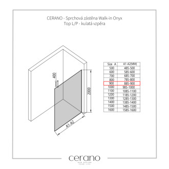 CERANO Sprchová zástěna Walk-in Onyx Top L/P bílá matná, rýhované sklo 90x200