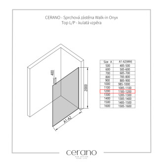 CERANO Sprchová zástěna Walk-in Onyx Top L/P bílá matná, transparent sklo 120x200