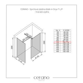 CERANO Sprchová zástěna Walk-in Onyx T L/P  černá mat, rýhované sklo 110x60