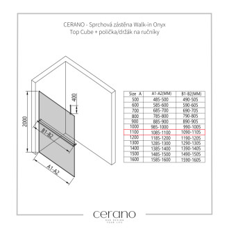 CERANO Sprchová zástěna Walk-in Onyx Top Cube L/P +držák černá mat, rýhované sklo 110x200