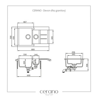 CERANO Devon dřez granitový, 1,5-komorový s odkapávačem, 800x500 mm šedá matná LIVSQT151-G