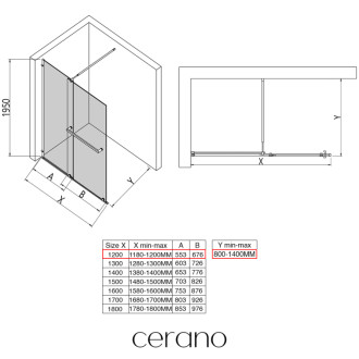 CERANO Sprchová zástěna Medin L/P černá mat, transparent sklo 120x195 dvoudílná pevná