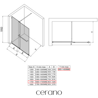 CERANO Sprchová zástěna Medin L/P černá mat, transparent sklo 170x195 dvoudílná pevná