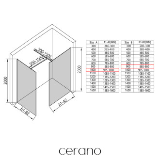 CERANO Sprchová zástěna Walk-in Onyx T L/P  černá mat, mléčné sklo 100x90