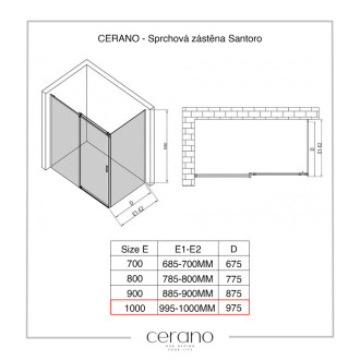CERANO Sprchová zástěna pro dveře Santoro L/P 8mm černá mat transp sklo 100x195 jednodílná