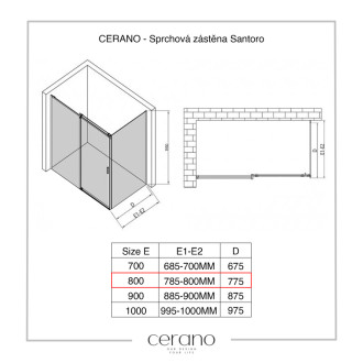 CERANO Sprchová zástěna pro dveře Santoro L/P 8mm černá mat, transp sklo 80x195 jednodílná