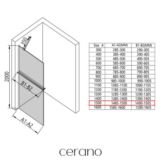 CERANO Sprchová zástěna Walk-in Onyx Y L/P +držák černá mat, rýhované sklo 150x200