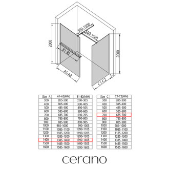 CERANO Sprchová zástěna Walk-in Onyx T L/P +držák černá mat, mléčné sklo 140x70
