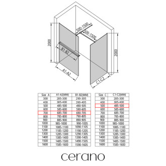 CERANO Sprchová zástěna Walk-in Onyx T L/P +držák černá mat, mléčné sklo 70x50