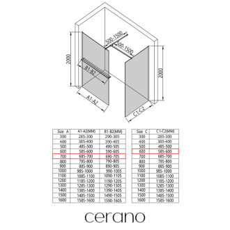 CERANO Sprchová zástěna Walk-in Onyx T L/P +držák černá mat, mléčné sklo 70x60
