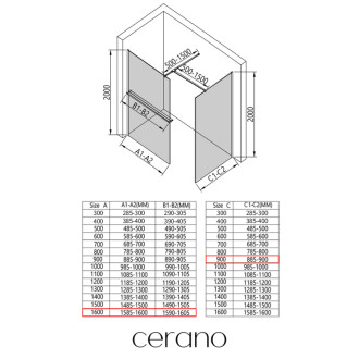 CERANO Sprchová zástěna Walk-in Onyx T L/P +držák chrom, industriální sklo 160x90