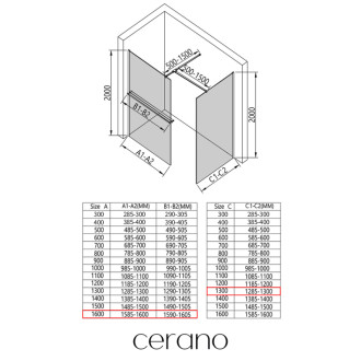 CERANO Sprchová zástěna Walk-in Onyx T L/P +držák chrom, industriální sklo- 160x130