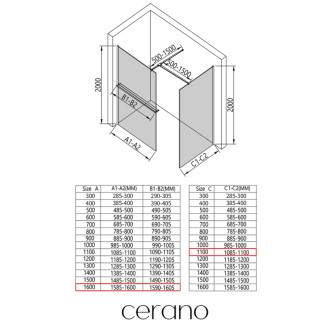 CERANO Sprchová zástěna Walk-in Onyx T L/P +držák chrom, rýhované sklo 160x110