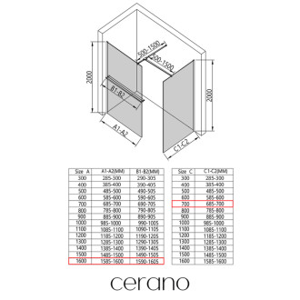 CERANO Sprchová zástěna Walk-in Onyx T L/P +držák chrom, transparent sklo 160x70
