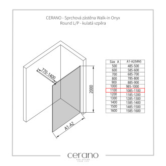 CERANO Sprchová zástěna Walk-in Onyx Round L/P kulatá  černá mat, transparent sklo 110x200