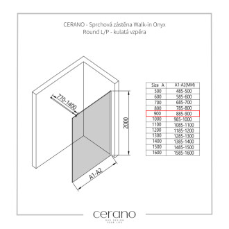 CERANO Sprchová zástěna Walk-in Onyx Round L/P kulatá černá mat, transparent sklo 90x200