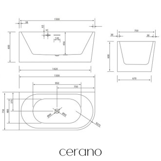 CERANO Volně stojící akrylátová vana Bianco, levá černá mat 150x75 CER-477797