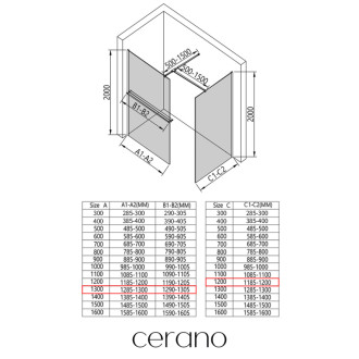 CERANO Sprchová zástěna Walk-in Onyx T L/P +držák černá mat, mléčné sklo 130x120