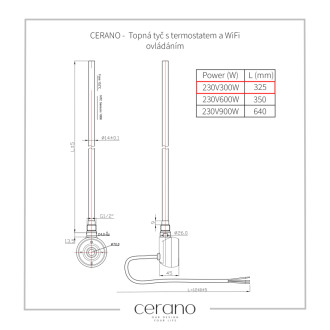 CERANO - Elektrická vykurovacia tyč s termostatom a WiFi ovládaním - 300 W - čierna matná