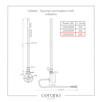 CERANO - Elektrická vykurovacia tyč s termostatom a WiFi ovládaním - 900 W - čierna matná
