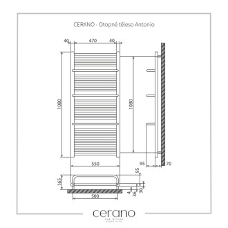 CERANO - Kúpeľňový radiátor Antonio - bočné pripojenie - 655W - čierna matná - 1180x550 mm