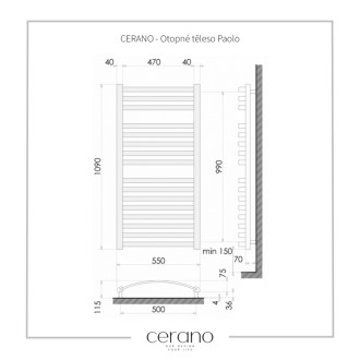 CERANO - Kúpeľňový radiátor Paolo - bočné pripojenie - 604W - čierna matná - 1090x550 mm