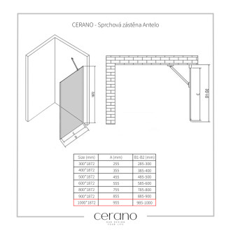 CERANO - Sprchová zástena pre dvere Antelo L/P - 6 mm - čierna matná, transparentné sklo - 100x190 cm - jednodielna pevná