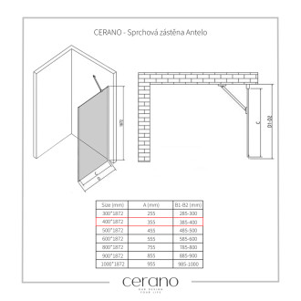 CERANO - Sprchová zástena pre dvere Antelo L/P - 6 mm - čierna matná, transparentné sklo - 40x190 cm - jednodielna pevná