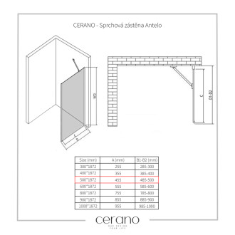 CERANO - Sprchová zástena pre dvere Antelo L/P - 6 mm - čierna matná, transparentné sklo - 50x190 cm - jednodielna pevná