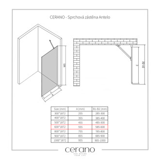 CERANO - Sprchová zástena pre dvere Antelo L/P - 6 mm - čierna matná, transparentné sklo - 60x190 cm - jednodielna pevná