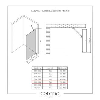 CERANO - Bočná stena Antelo L/P - 6 mm - čierna matná, transparentné sklo - 80x190 cm