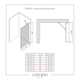 CERANO - Sprchová zástena pre dvere Antelo L/P - 6 mm - čierna matná, transparentné sklo - 90x190 cm - jednodielna pevná
