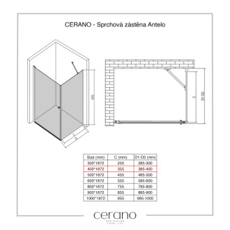 CERANO - Sprchová zástena pre dvere Antelo L/P - 6 mm - chróm, transparentné sklo - 40x190 cm - jednodielna pevná