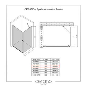 CERANO - Sprchová zástena pre dvere Antelo L/P - 6 mm - chróm, transparentné sklo - 50x190 cm - jednodielna pevná