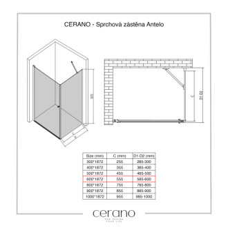 CERANO - Sprchová zástena pre dvere Antelo L/P - 6 mm - chróm, transparentné sklo - 60x190 cm - jednodielna pevná