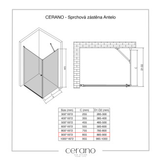 CERANO - Sprchová zástena pre dvere Antelo L/P - 6 mm - chróm, transparentné sklo - 90x190 cm - jednodielna pevná