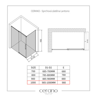 CERANO - Sprchová zástena pre dvere Lantono L/P - 8 mm - čierna matná, transparentné sklo - 100x195 cm - jednodielna pevná