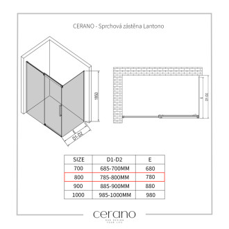 CERANO - Sprchová zástena pre dvere Lantono L/P - 8 mm - čierna matná, transparentné sklo - 80x195 cm - jednodielna pevná