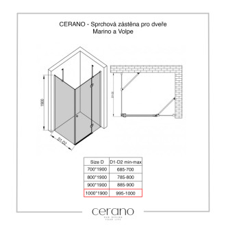 CERANO - Sprchová zástena pre dvere Marino a Volpe L/P - 6 mm - chróm, transparentné sklo - 100x190 cm - jednodielna pevná