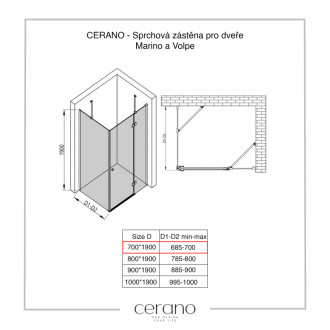 CERANO - Sprchová zástena pre dvere Marino a Volpe L/P - 6 mm - chróm, transparentné sklo - 70x190 cm - jednodielna pevná