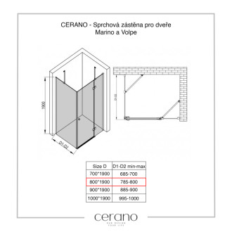 CERANO - Sprchová zástena pre dvere Marino a Volpe L/P - 6 mm - chróm, transparentné sklo - 80x190 cm - jednodielna pevná