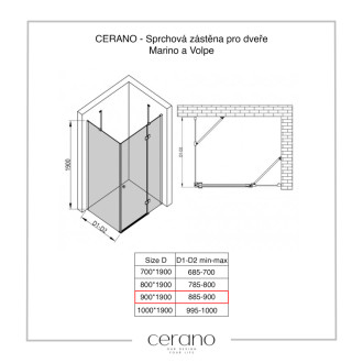 CERANO - Sprchová zástena pre dvere Marino a Volpe L/P - 6 mm - chróm, transparentné sklo - 90x190 cm - jednodielna pevná