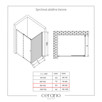 CERANO - Sprchová zástena pre dvere Varone L/P - 6 mm - chróm, transparentné sklo - 90x195 cm - jednodielna pevná