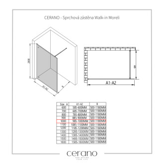 CERANO - Sprchová zástena Walk-in Moreli Ľ/P - 8 mm - čierna matná, transparentné sklo - 100x200 cm