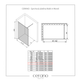 CERANO - Sprchová zástena Walk-in Moreli Ľ/P - 8 mm - čierna matná, transparentné sklo - 120x200 cm