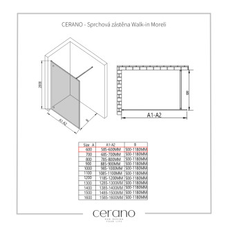 CERANO - Sprchová zástena Walk-in Moreli Ľ/P - 8 mm - čierna matná, transparentné sklo - 60x200 cm