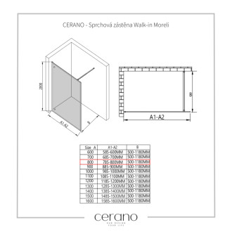 CERANO - Sprchová zástena Walk-in Moreli Ľ/P - 8 mm - čierna matná, transparentné sklo - 80x200 cm