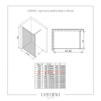 CERANO - Sprchová zástena Walk-in Moreli Ľ/P - 8 mm - čierna matná, transparentné sklo - 90x200 cm