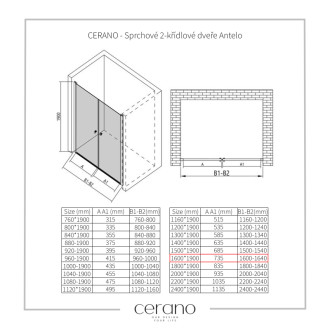 CERANO - Sprchové 2-krídlové otočné dvere Antelo L/P - 6 mm - chróm, transparentné sklo - 160x190 cm